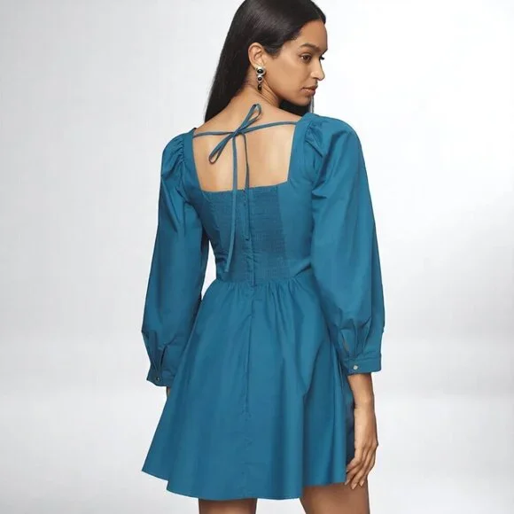 Anthropologie Square Neck Poplin Mini Dress Long Sleeve Teal NWT Size Small - Picture 3 of 15